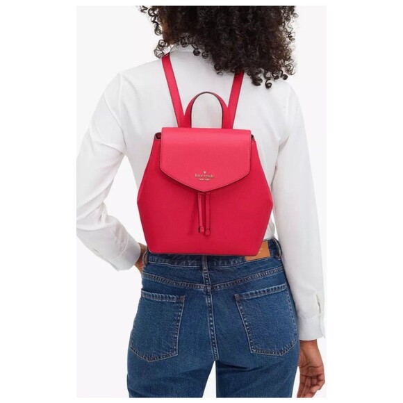 New Kate Spade Lizzie Saffiano Leather Medium Flap Backpack Bikini Pink - Picture 2 of 4